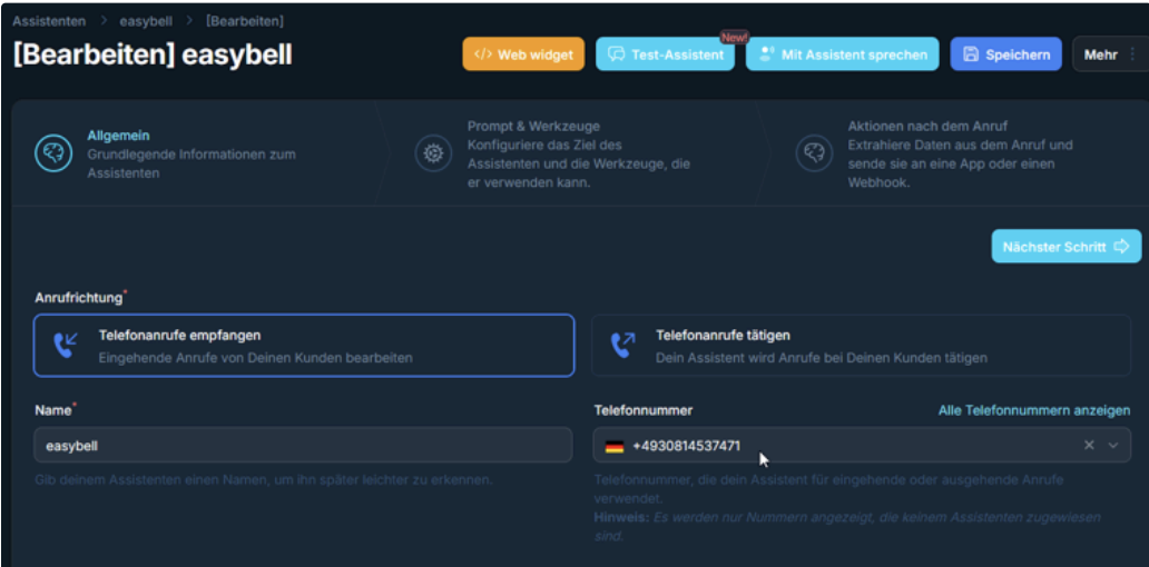 Edit Assistant: call direction, name, phone number