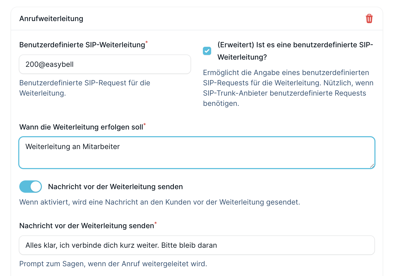 Famulor custom SIP forwarding e.g. 200@easybell