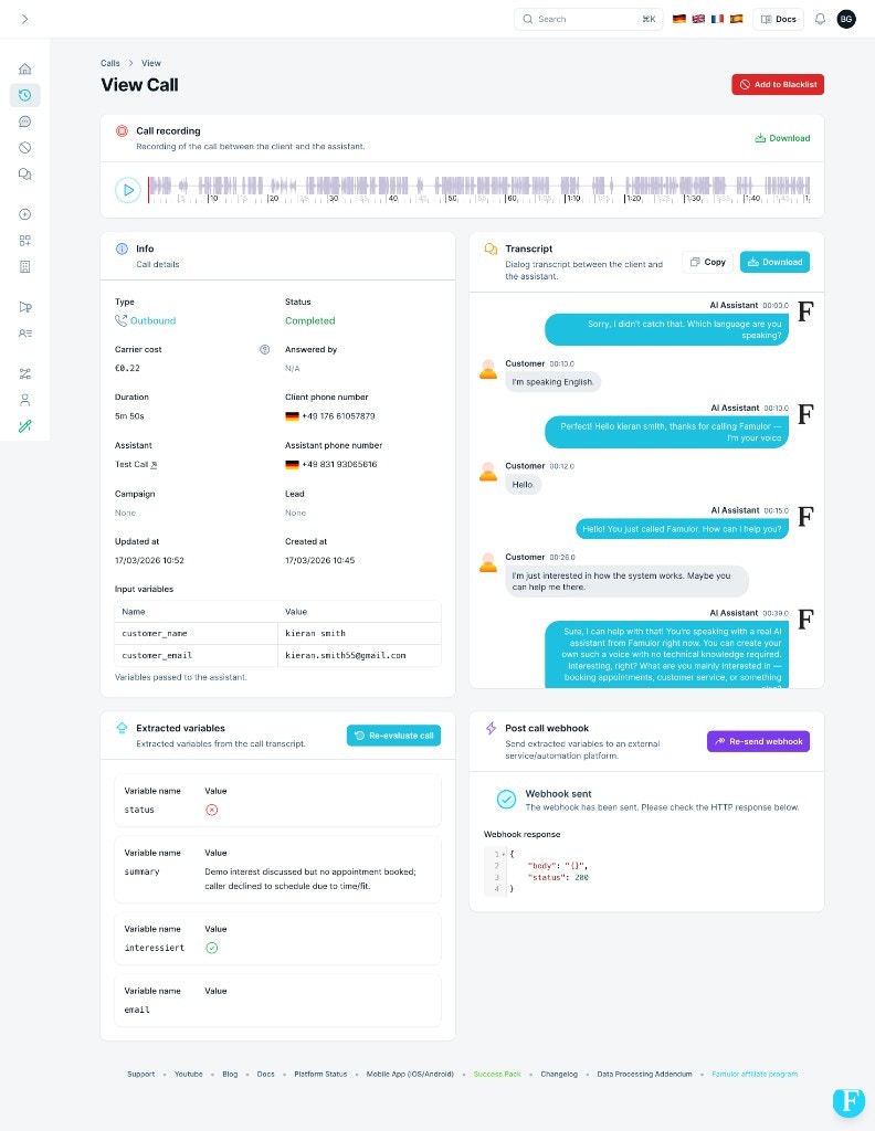 Call details – recording, transcript, variables, webhook