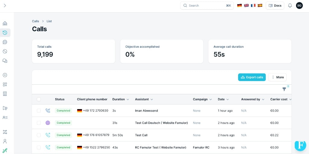 Calls list – overview