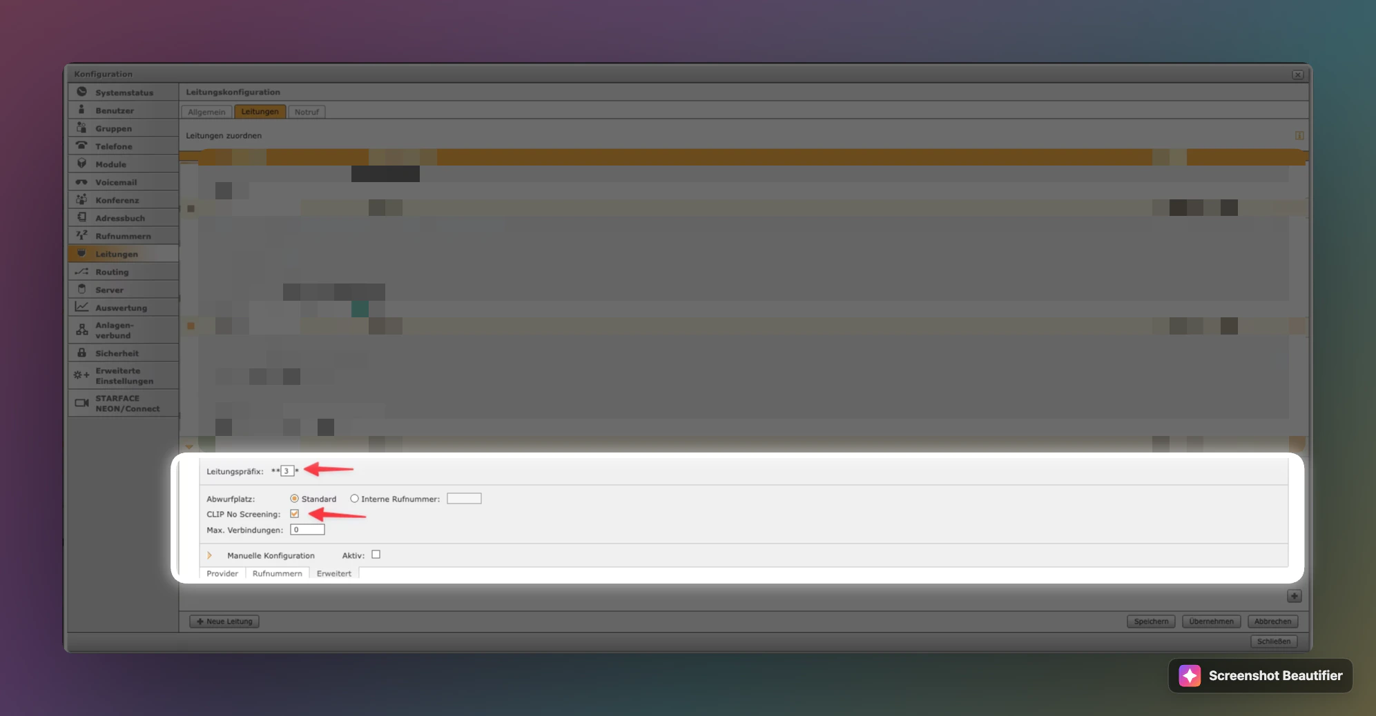 Starface Leitungspräfix und CLIP No Screening für Famulor aktivieren