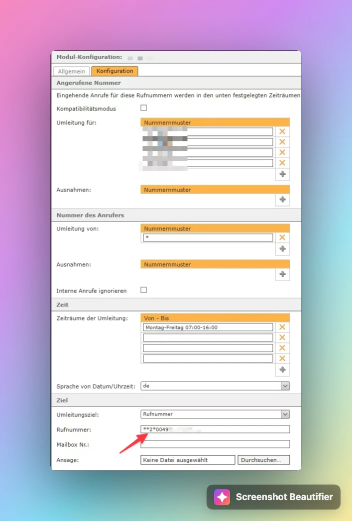 Famulor Call transfer: Custom SIP transfer aktivieren, Zieladresse und Weiterleitungsbedingung für Starface