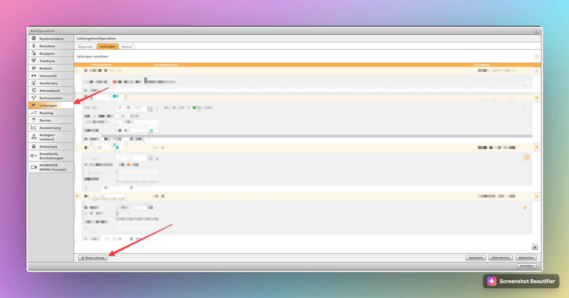 Starface Konfiguration: Leitungen-Tab und Button Neue Leitung für Famulor SIP-Trunk