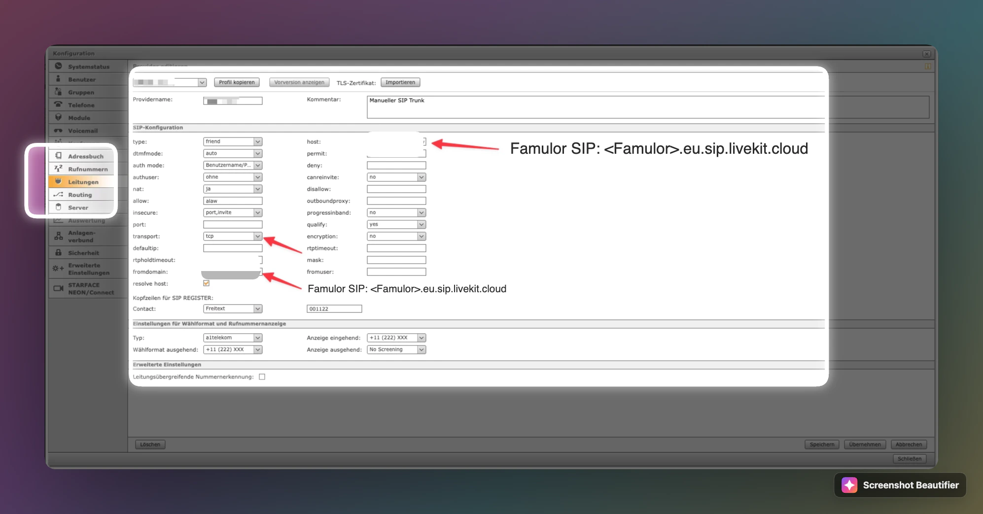Starface Provider bearbeiten: host, fromdomain und transport tcp für Famulor SIP