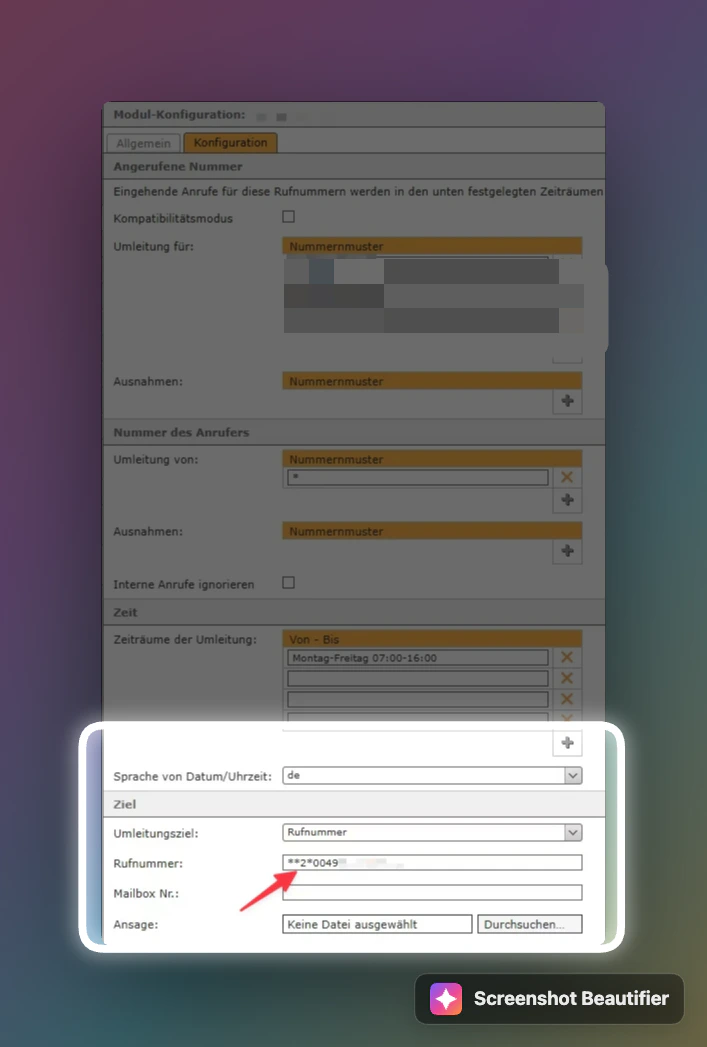 Starface zeitgesteuerte Umleitung: Ziel Rufnummer im Format Leitungspräfix mal Telefonnummer