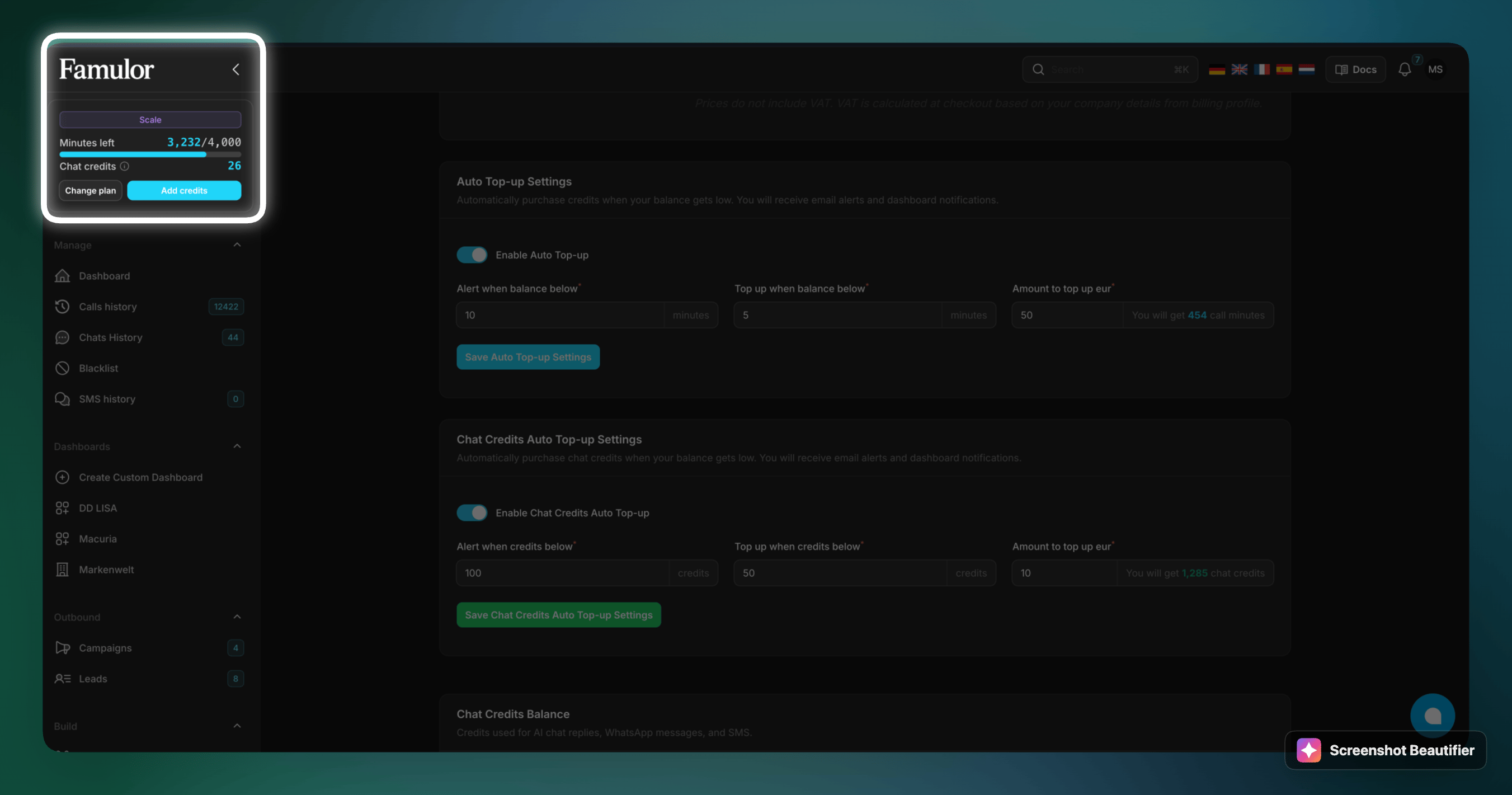 Add-credits-Button in der Famulor-Dashboard-Seitenleiste