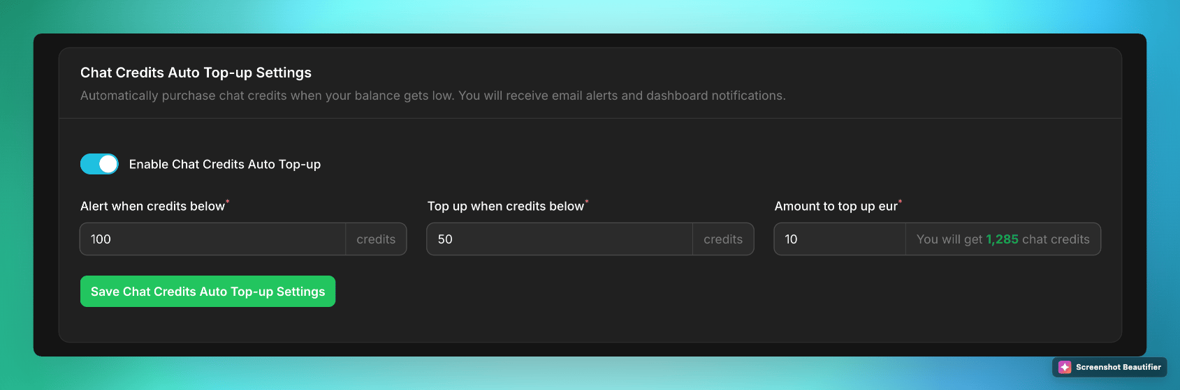 Auto-Top-up-Einstellungen für Chat-Credits