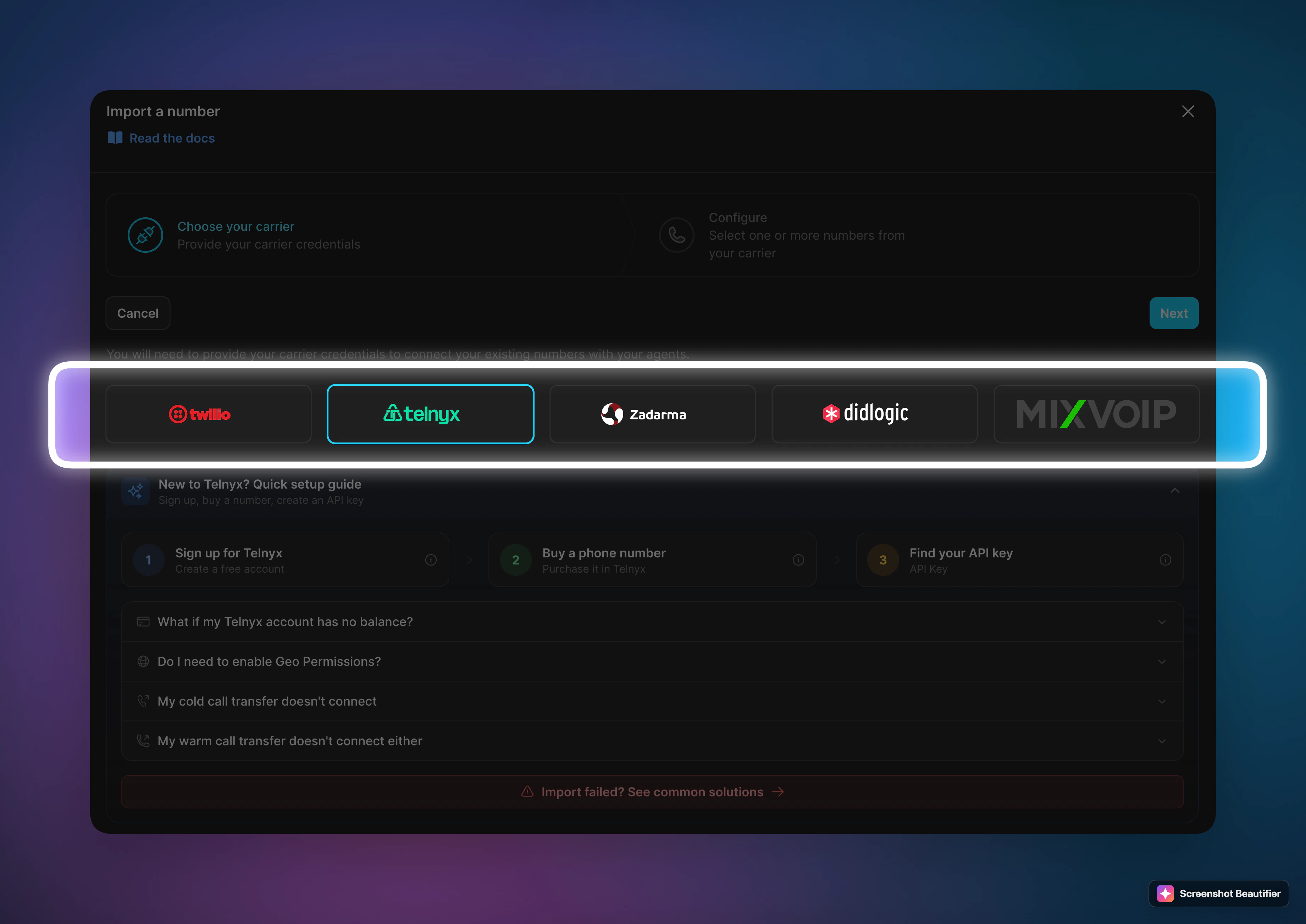 BYOC-Carrier-Auswahl: Twilio, Telnyx, Zadarma und DIDLogic mit geführtem Import