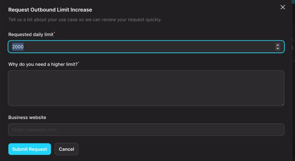 Request Outbound Limit Increase form