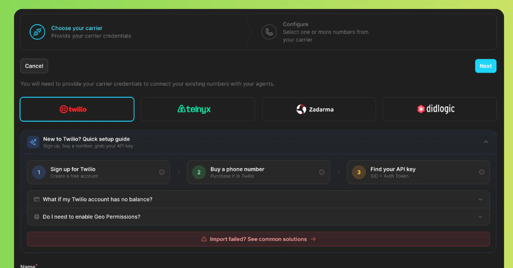 BYOC carrier selection with Twilio and Telnyx in Famulor