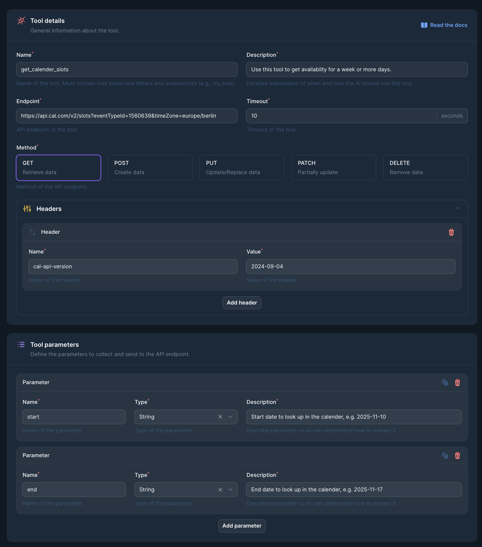 Mid-call action configuration for Cal.com slots API