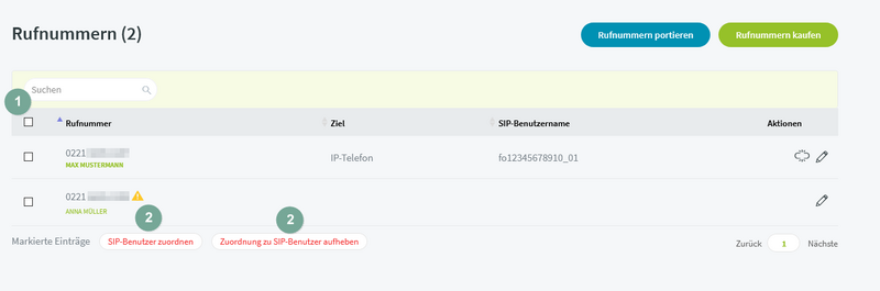 Fonial: Rufnummer auswählen und SIP-Benutzer zuordnen