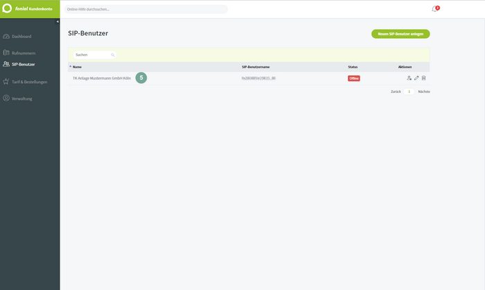 Fonial: Name des SIP-Benutzers eintragen und speichern