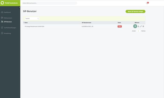 Fonial: SIP-Benutzer in der Übersicht, Status Offline