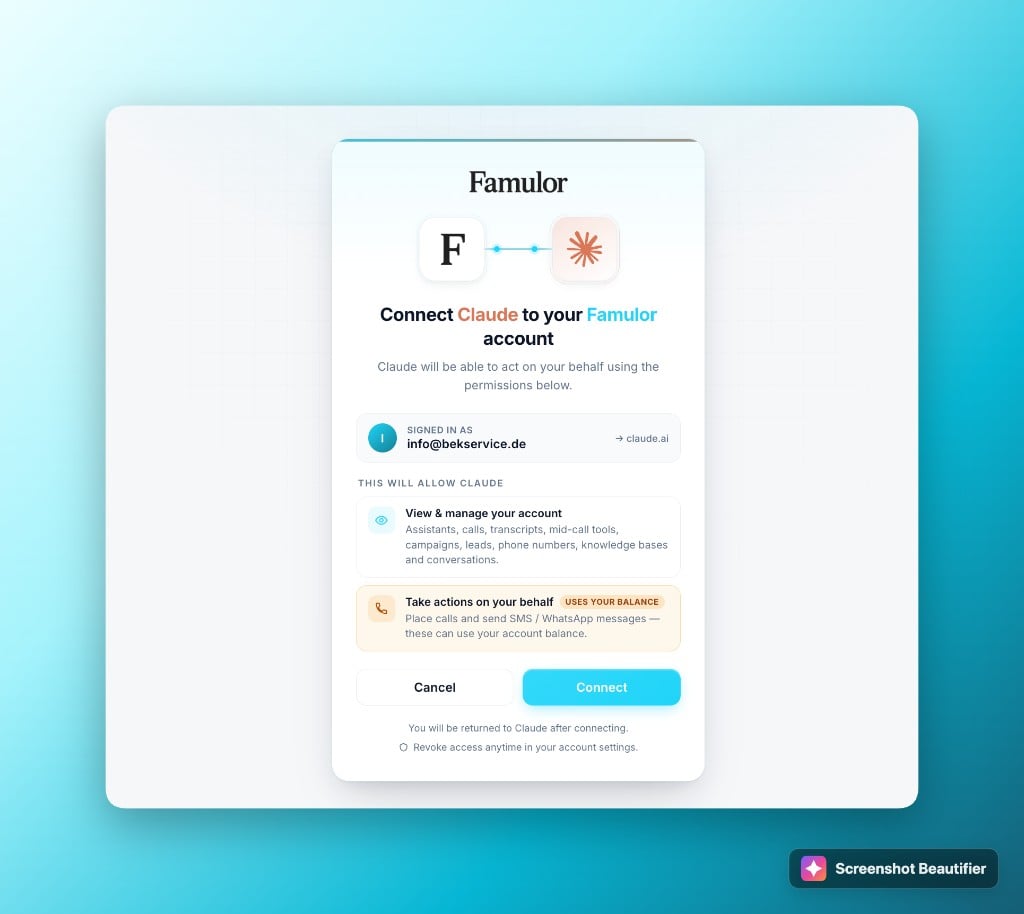 Famulor OAuth-Consent-Screen beim Verbinden mit Claude