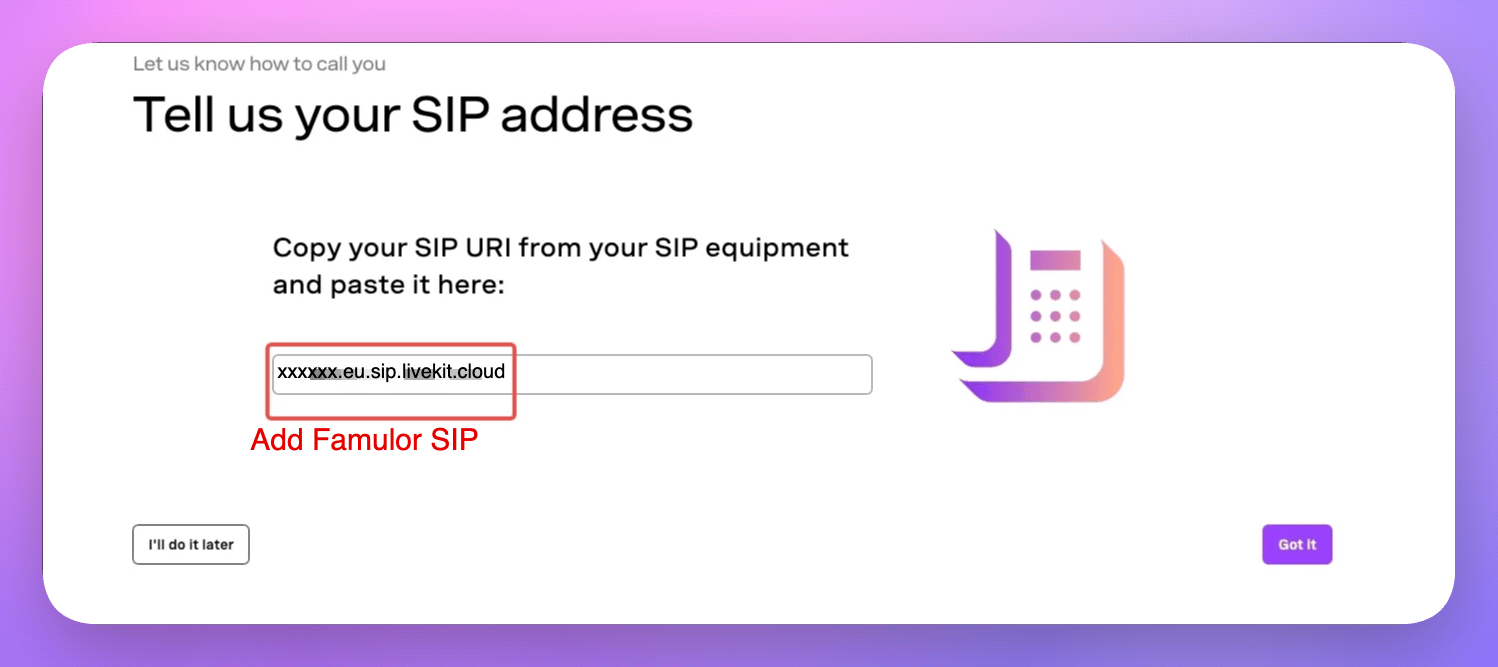 Vonage: Origination – SIP-URI von Famulor (z. B. xxxxxx.sip.livekit.cloud) einfügen