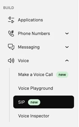 Vonage-Dashboard: Navigation zum SIP-Bereich