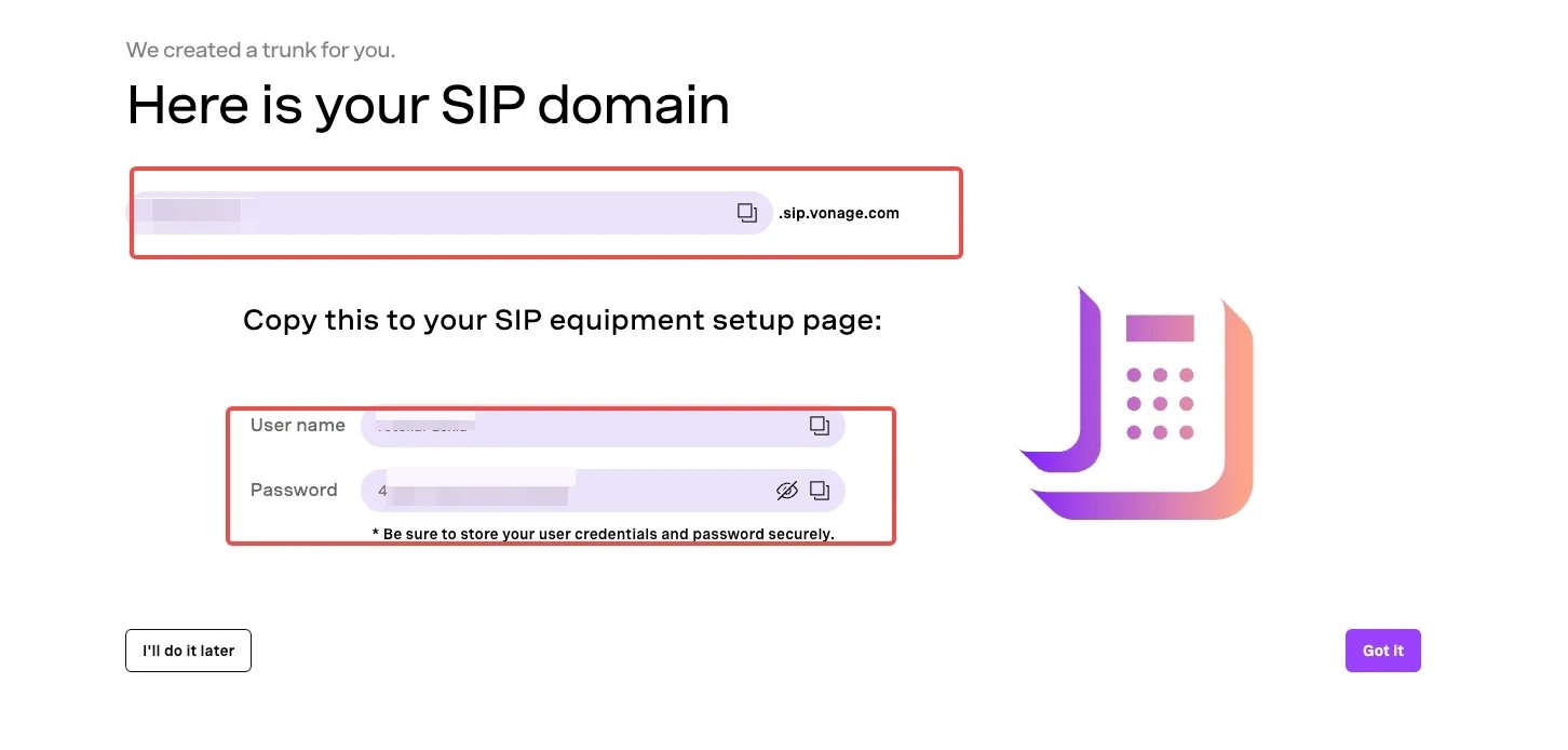 Vonage: Termination mit SIP-Domain (.sip.vonage.com), Benutzername und Passwort