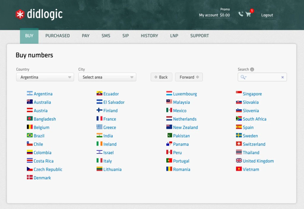 DIDLogic BUY tab with available numbers