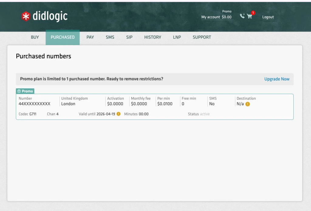 DIDLogic PURCHASED tab with purchased number