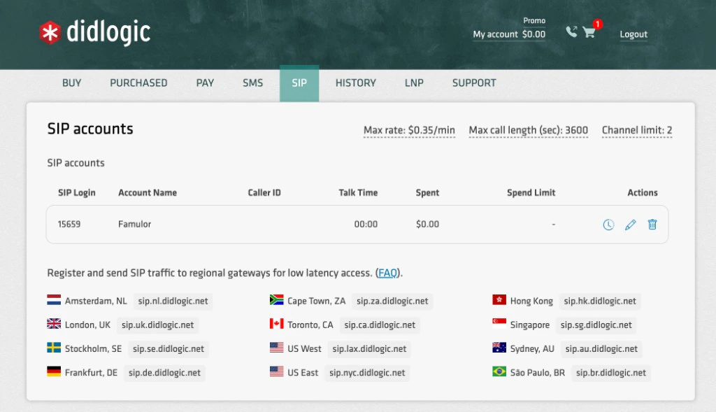 DIDLogic SIP accounts list