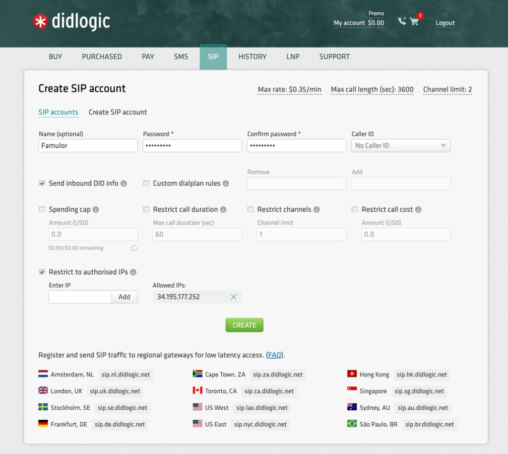 DIDLogic SIP account edit page with IP restriction
