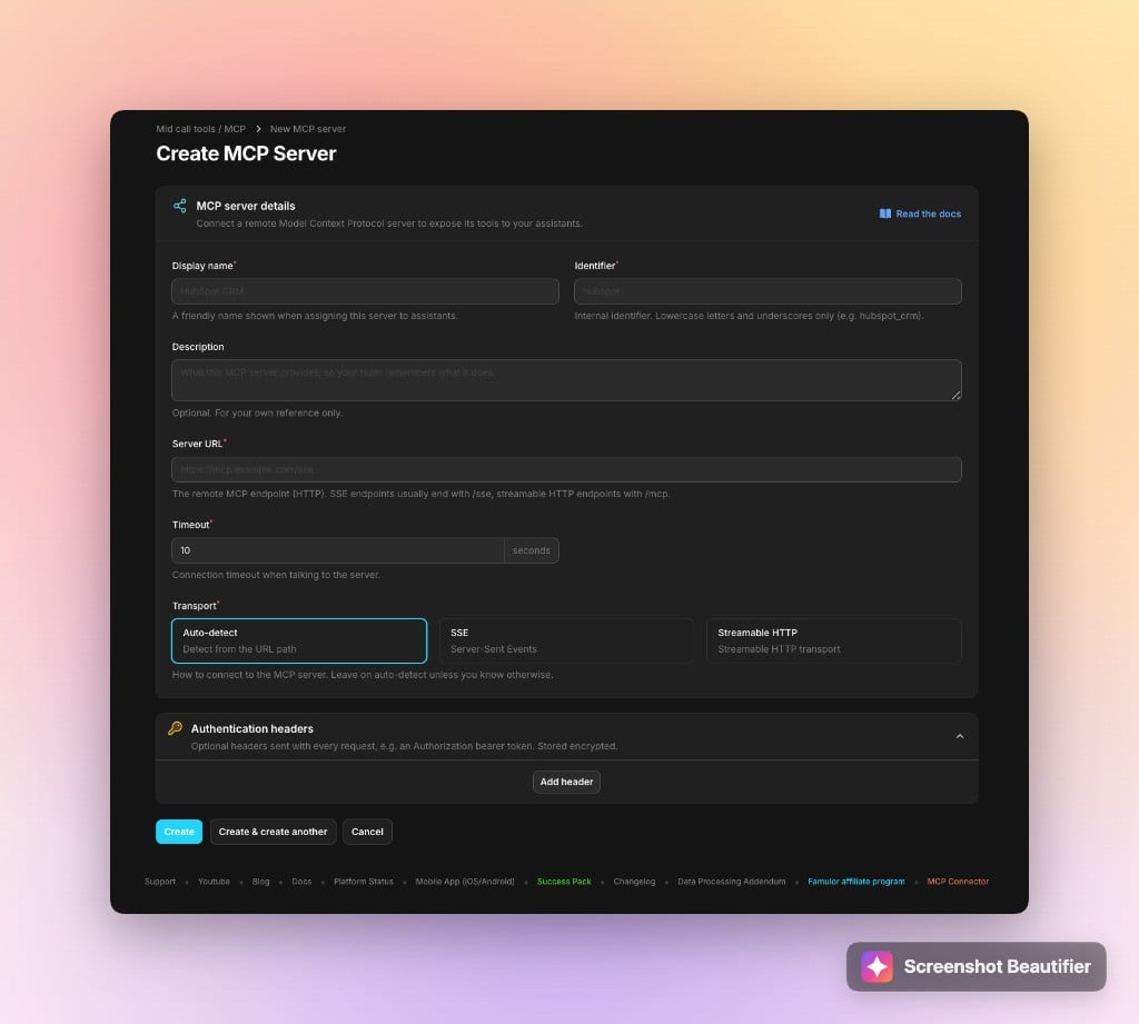 MCP-Server-Konfigurationsformular — Anzeigename, Identifier, Server-URL, Transport und Auth-Header