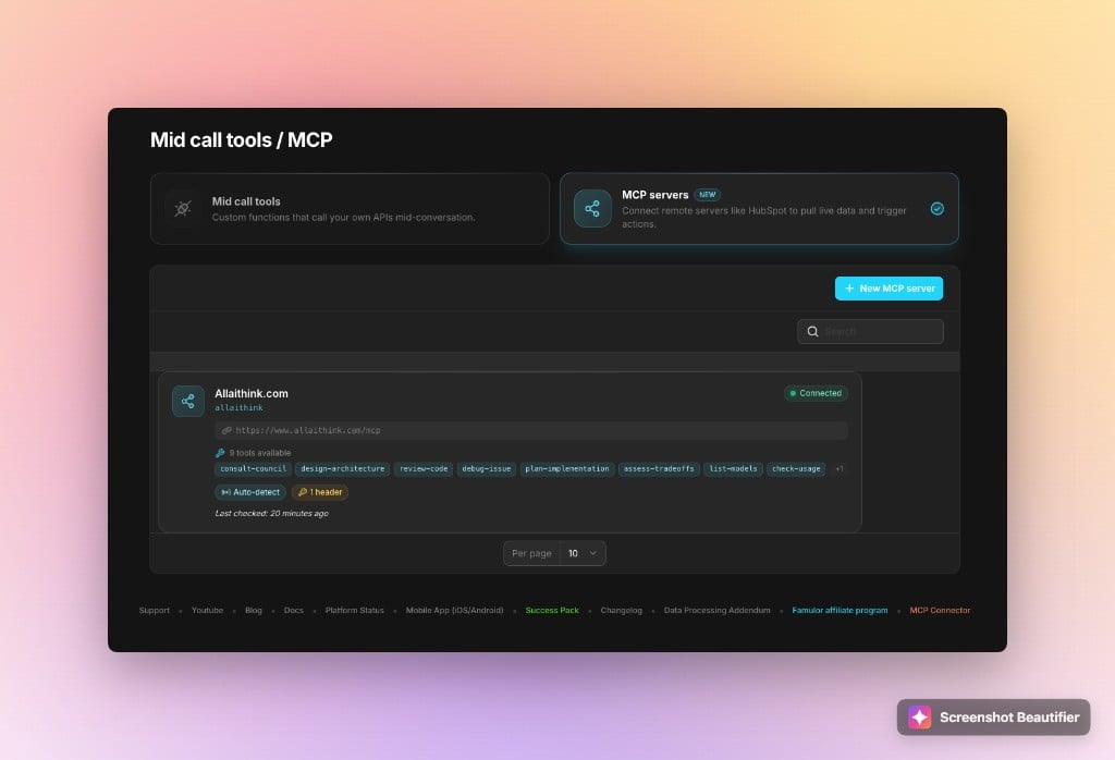MCP-Server-Liste mit Verbindungsstatus und erkannten Tools
