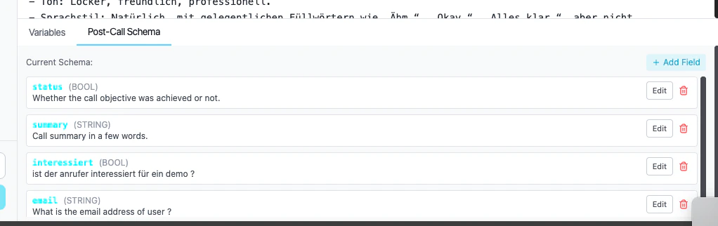 Post-Call-Schema: Felder und Typen im KI-Prompt-Editor