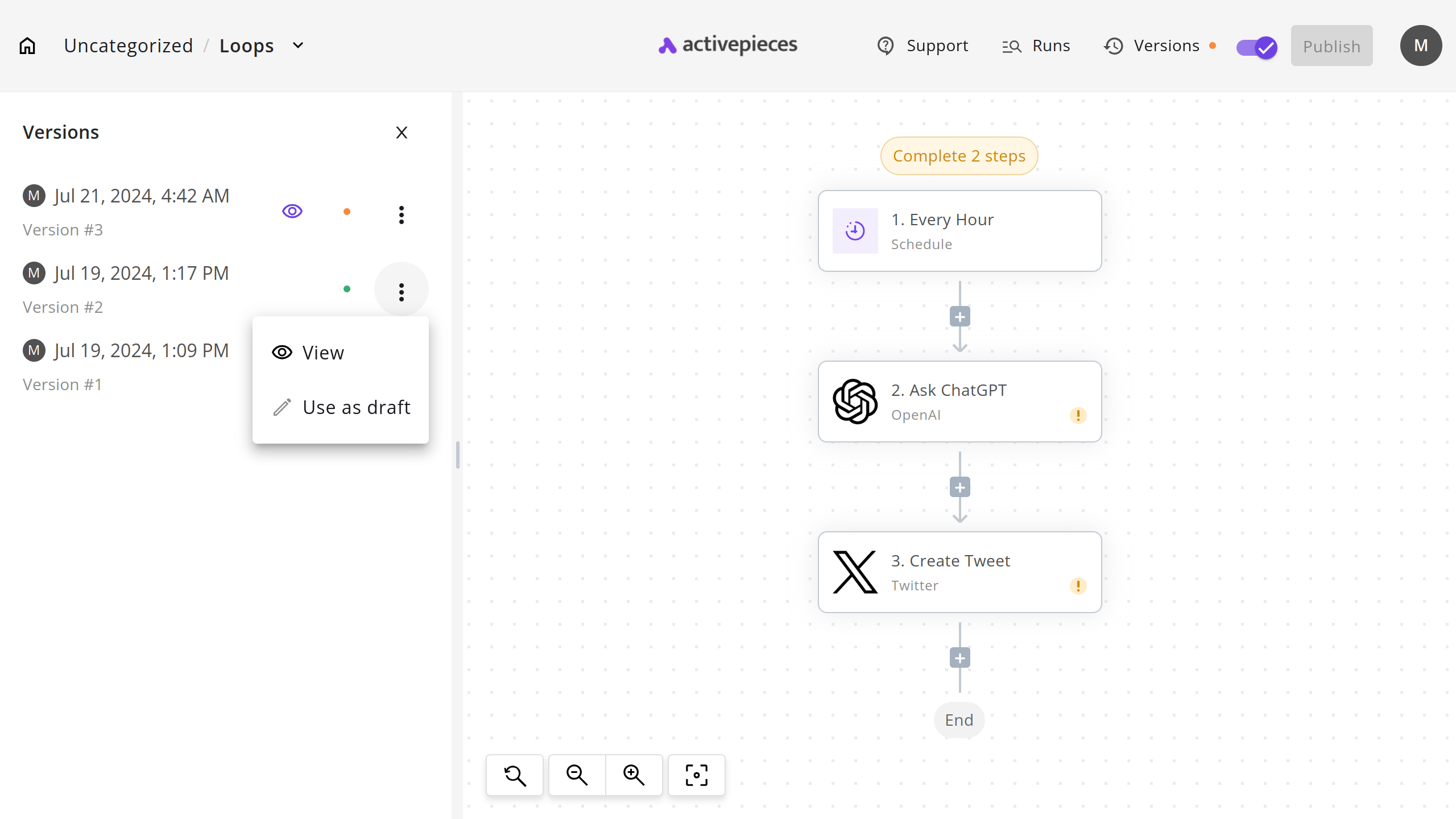 Flow version history interface showing draft (yellow dot) and published (green dot) versions