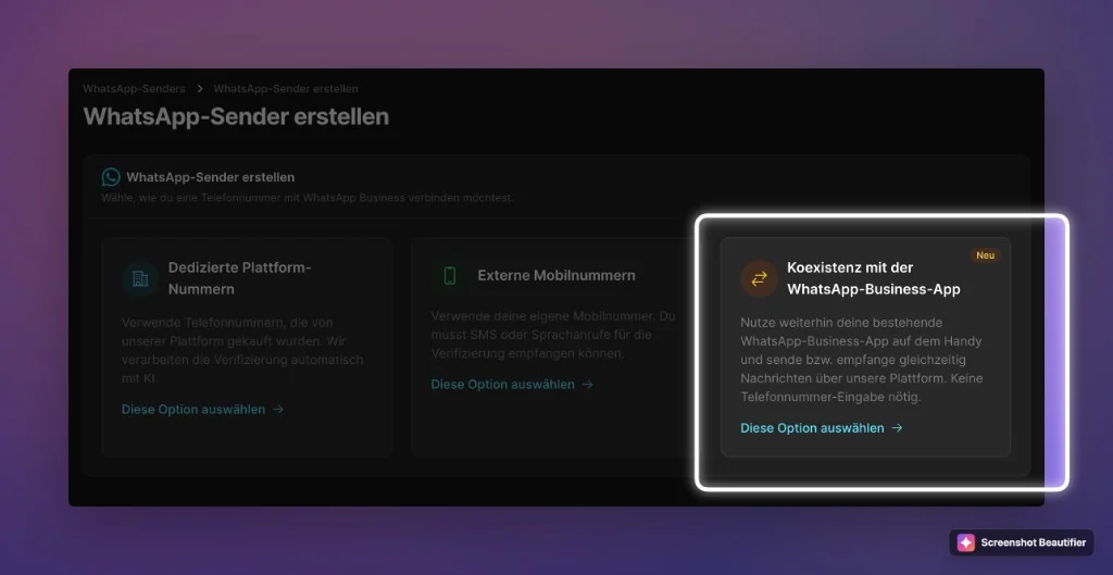 WhatsApp-Sender erstellen — Option Koexistenz mit der WhatsApp-Business-App