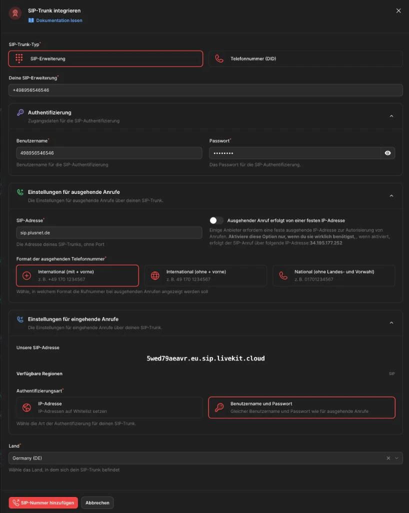 Famulor SIP-Trunk Integration mit Fonial: SIP-Erweiterung, Authentifizierung, SIP-Adresse und eingehende Anruf-Einstellungen