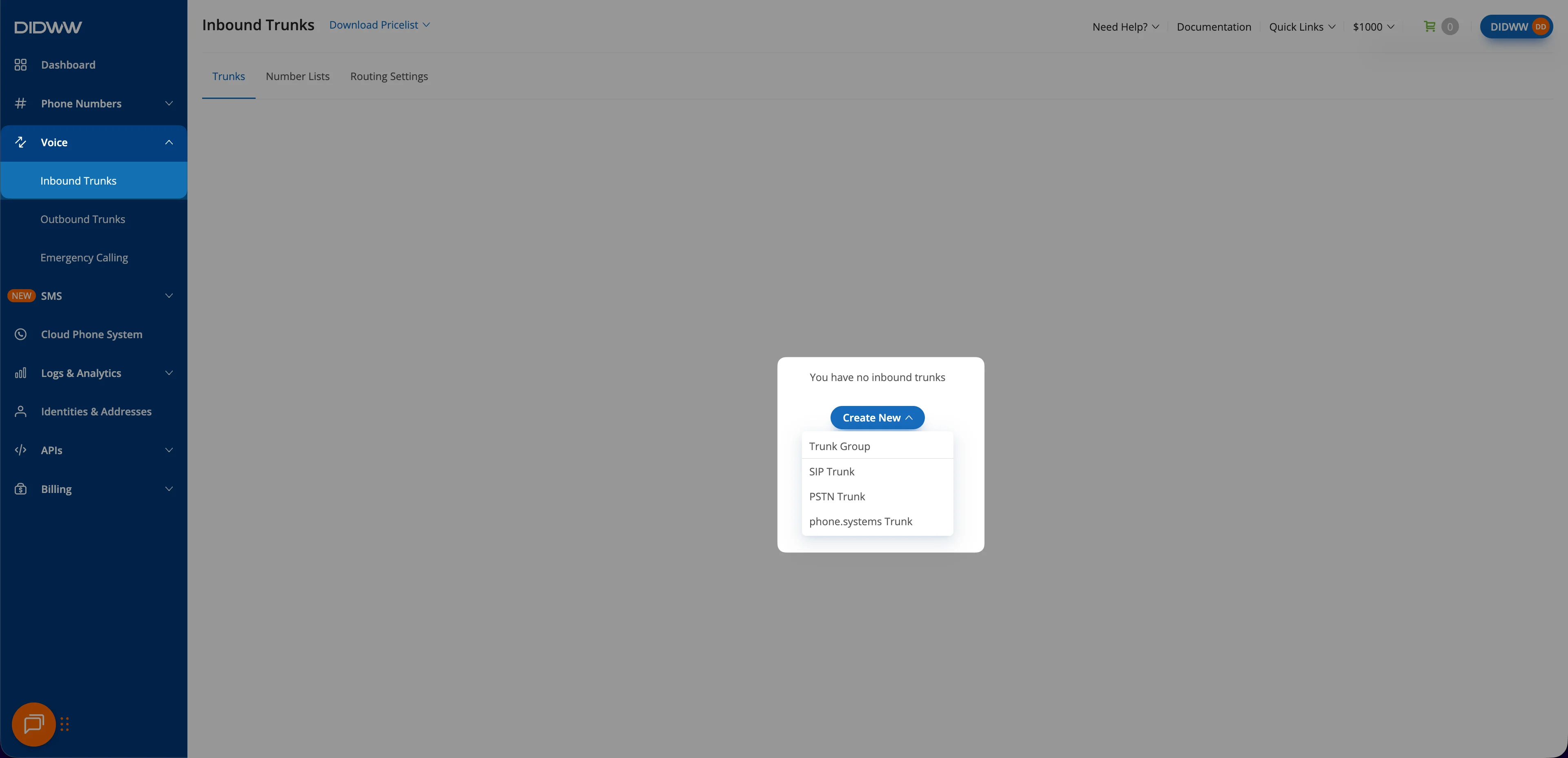 DIDWW: Voice → Inbound Trunks → Create New → SIP Trunk