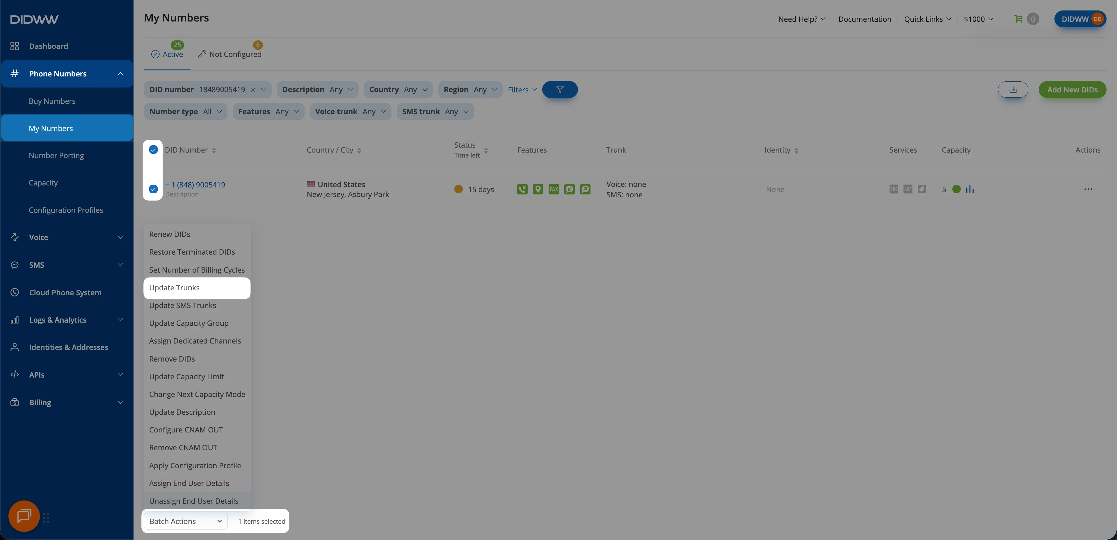 DIDWW: Phone Numbers → My Numbers, Nummer markiert, Batch Actions → Update Trunks