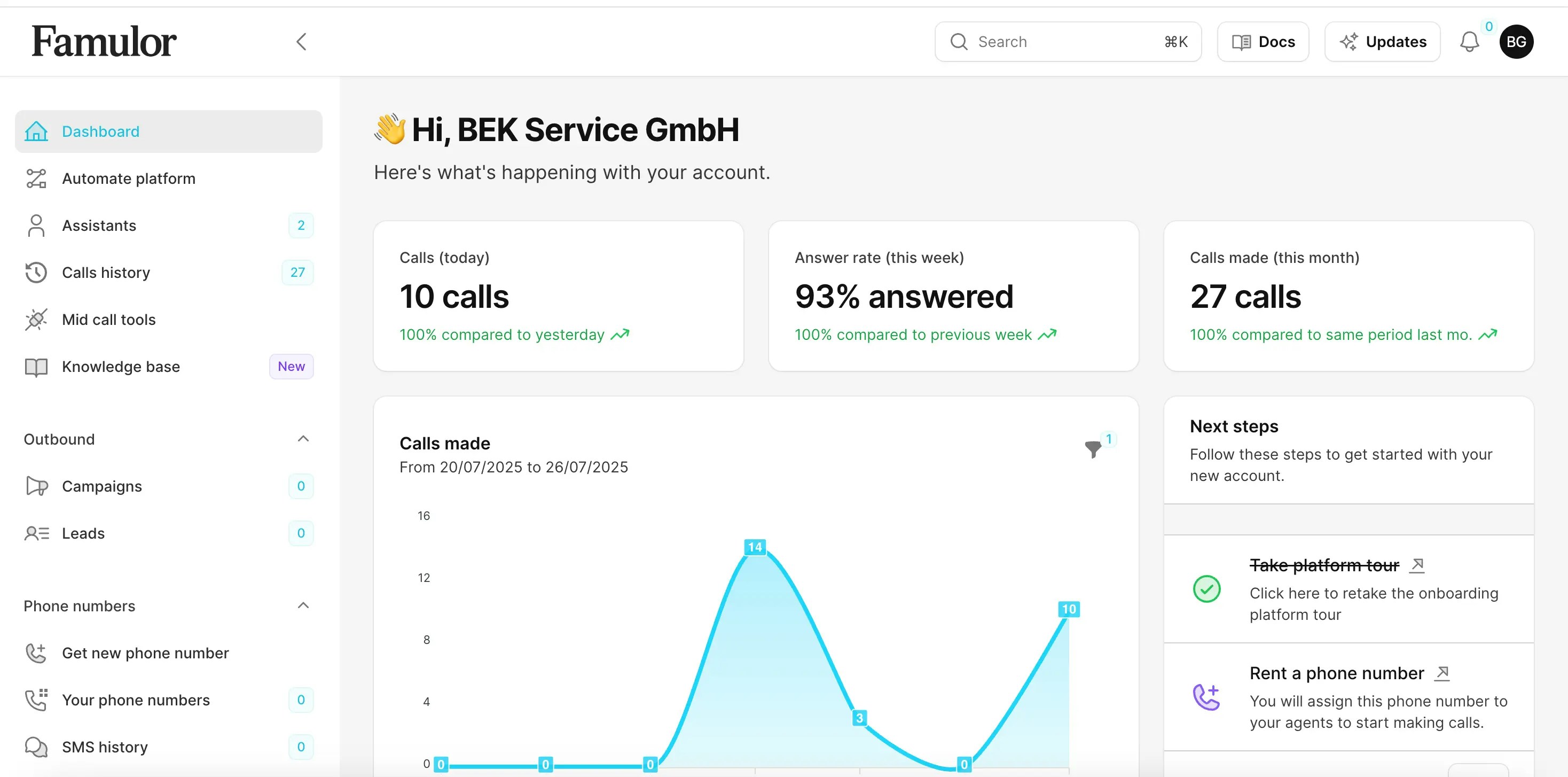 Famulor voice AI platform interface showing AI assistant configuration and call management