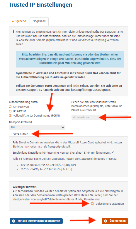 Easybell Trusted IP settings with FQDN authentication (SRTP disabled)