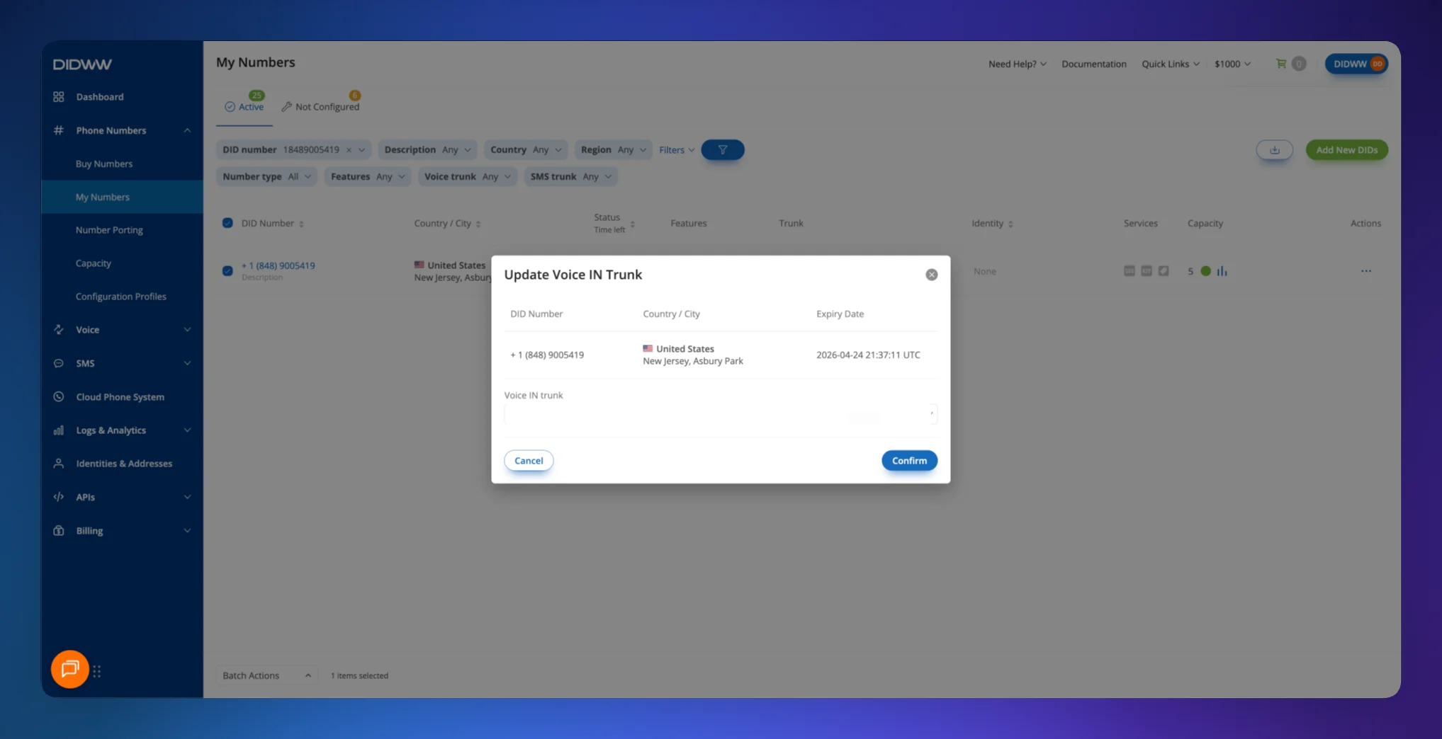 DIDWW: Dialog „Update Voice IN Trunk“ – Inbound-Trunk für die Nummer auswählen