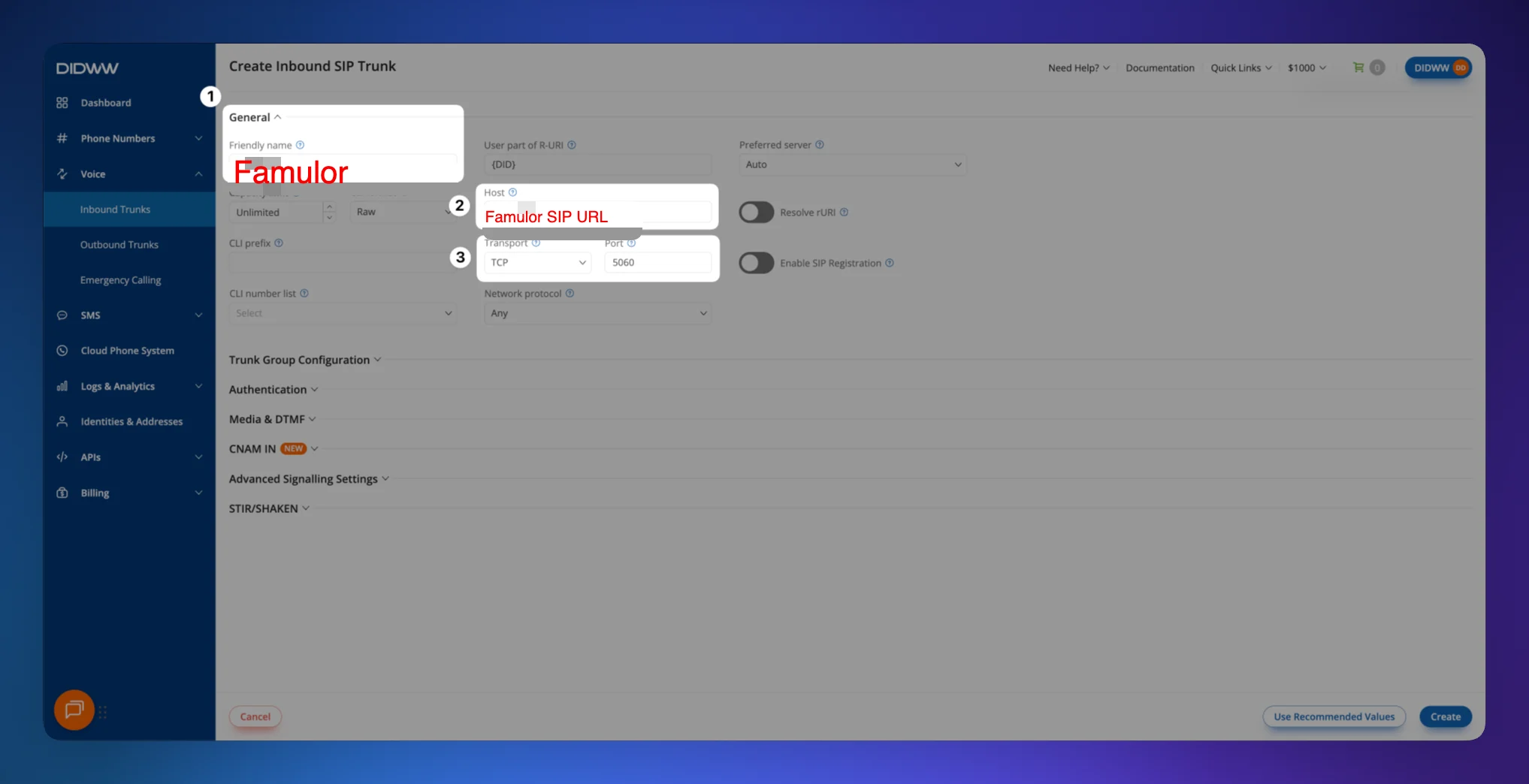 DIDWW: Inbound-SIP-Trunk – Friendly Name, SIP Endpoint Hostname (deine „Unsere SIP-Adresse“) und Transport