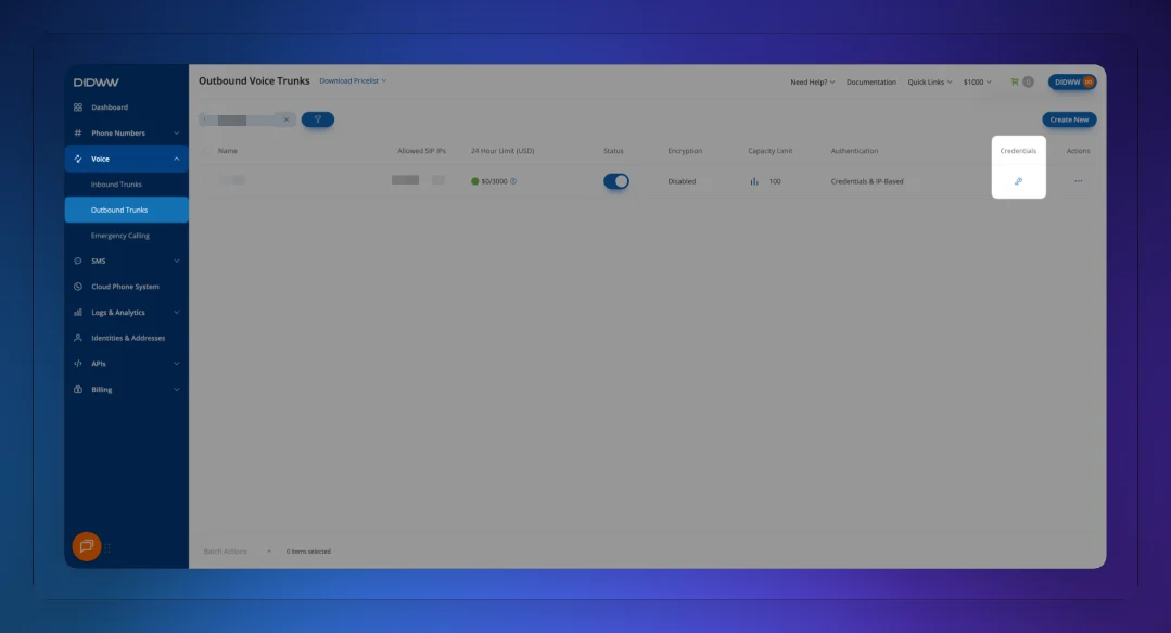 DIDWW: Outbound-Trunk-Liste – Credentials über das Schlüssel-Symbol öffnen