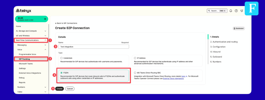 Create SIP connection in Telnyx