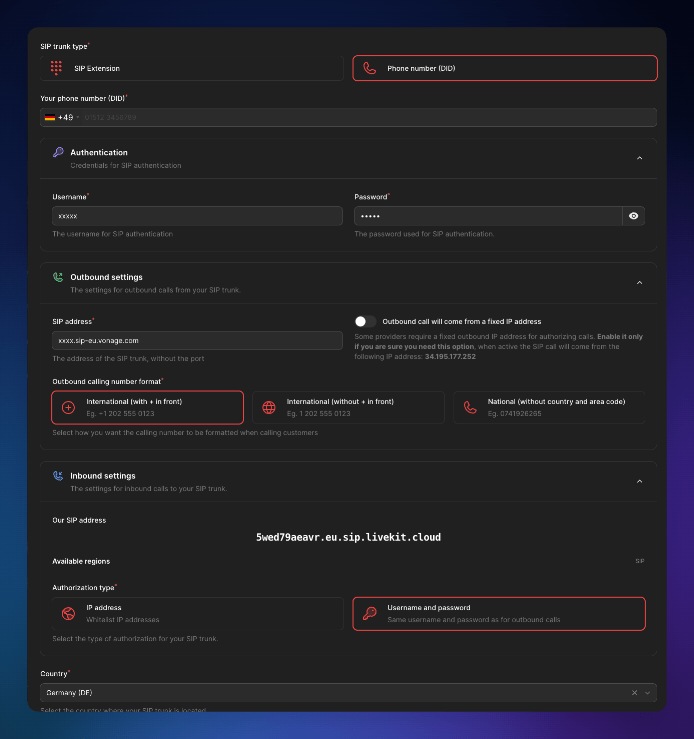 Famulor: Dialog „SIP-Trunk integrieren“ mit Trunk-Typ „Telefonnummer (DID)“, ausgehender SIP-Adresse (sip-eu.vonage.com) und „Unsere SIP-Adresse“ für eingehende Anrufe