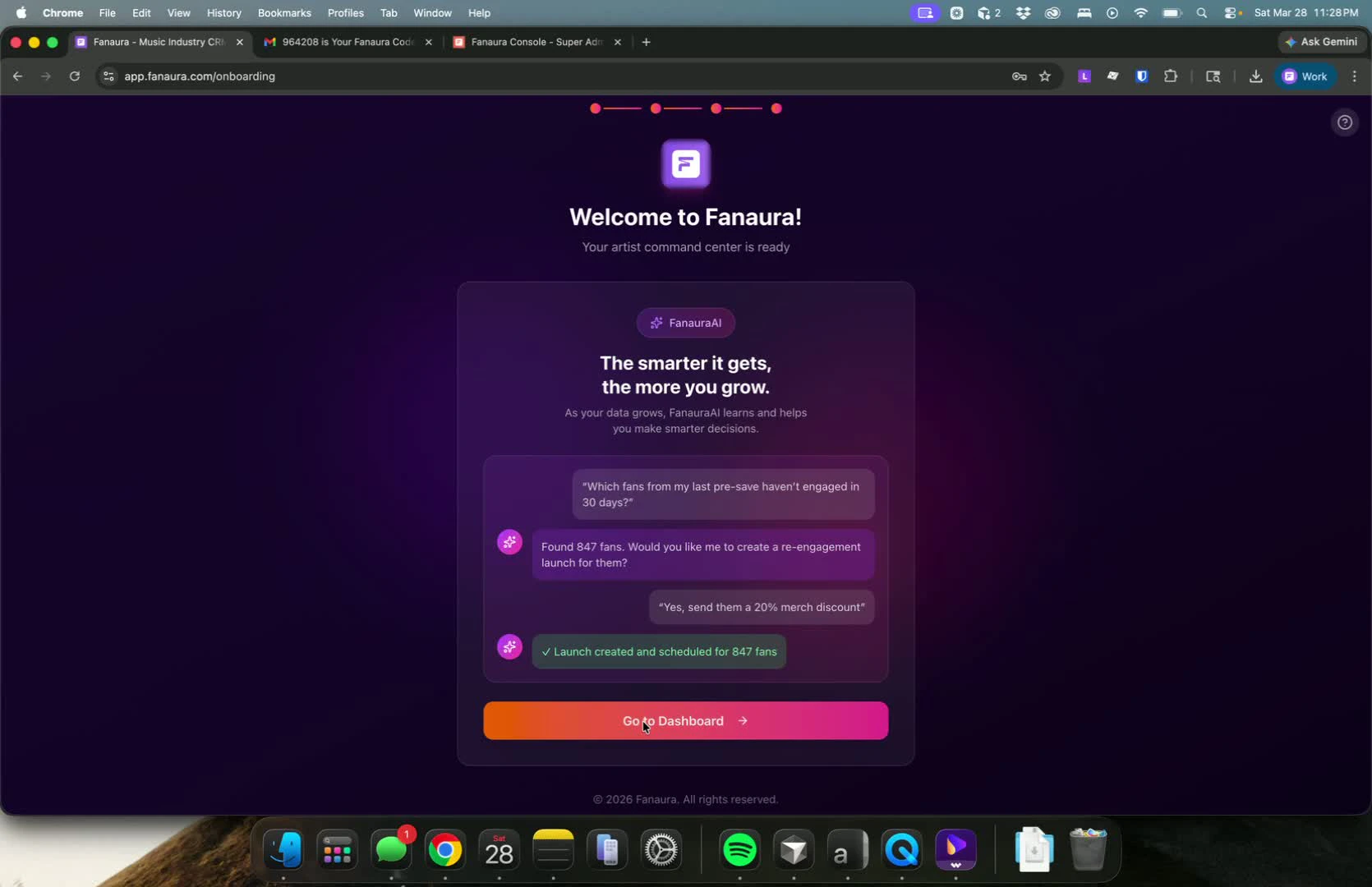 Fanaura dashboard after onboarding