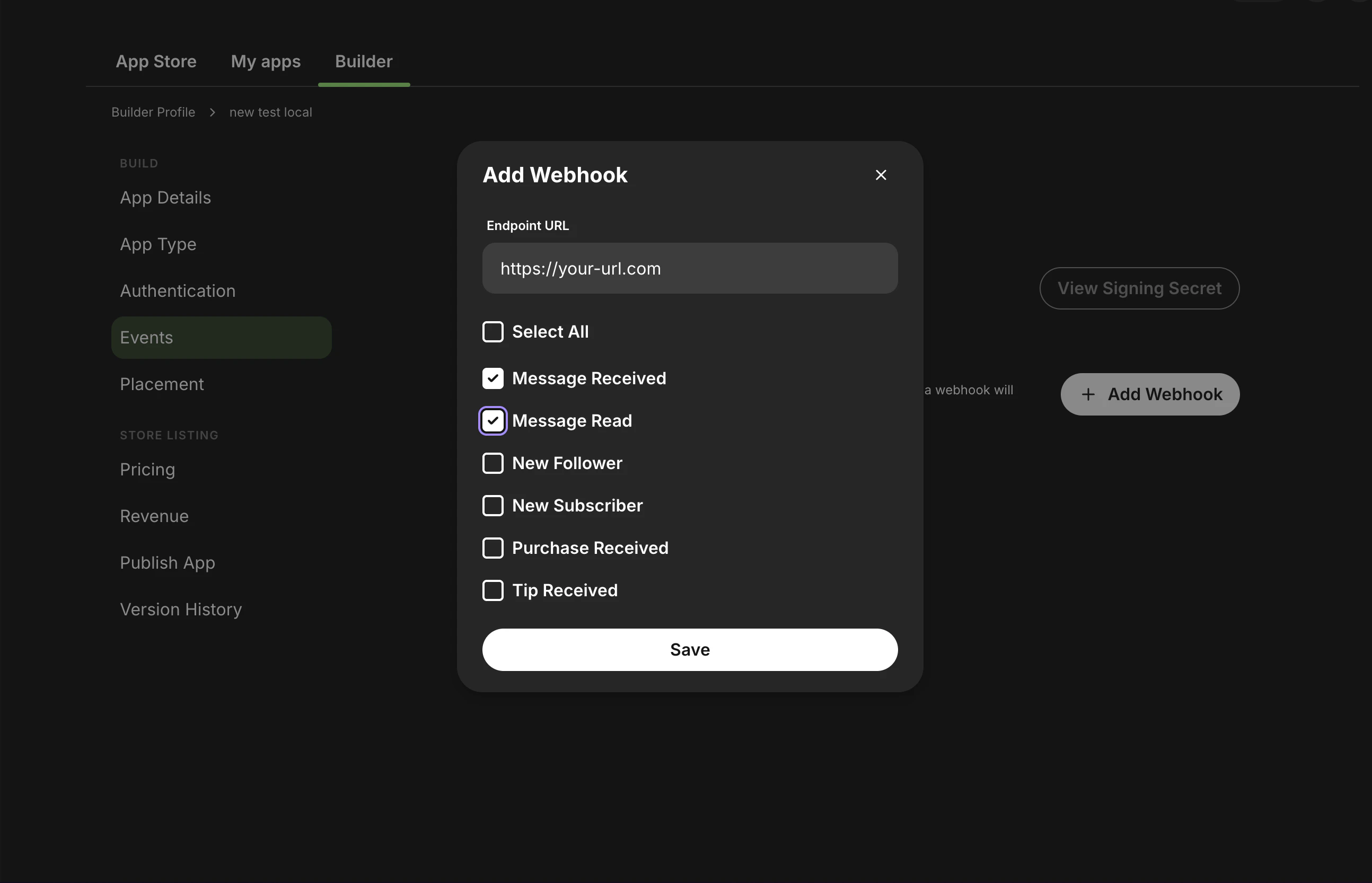 Add Webhook dialog