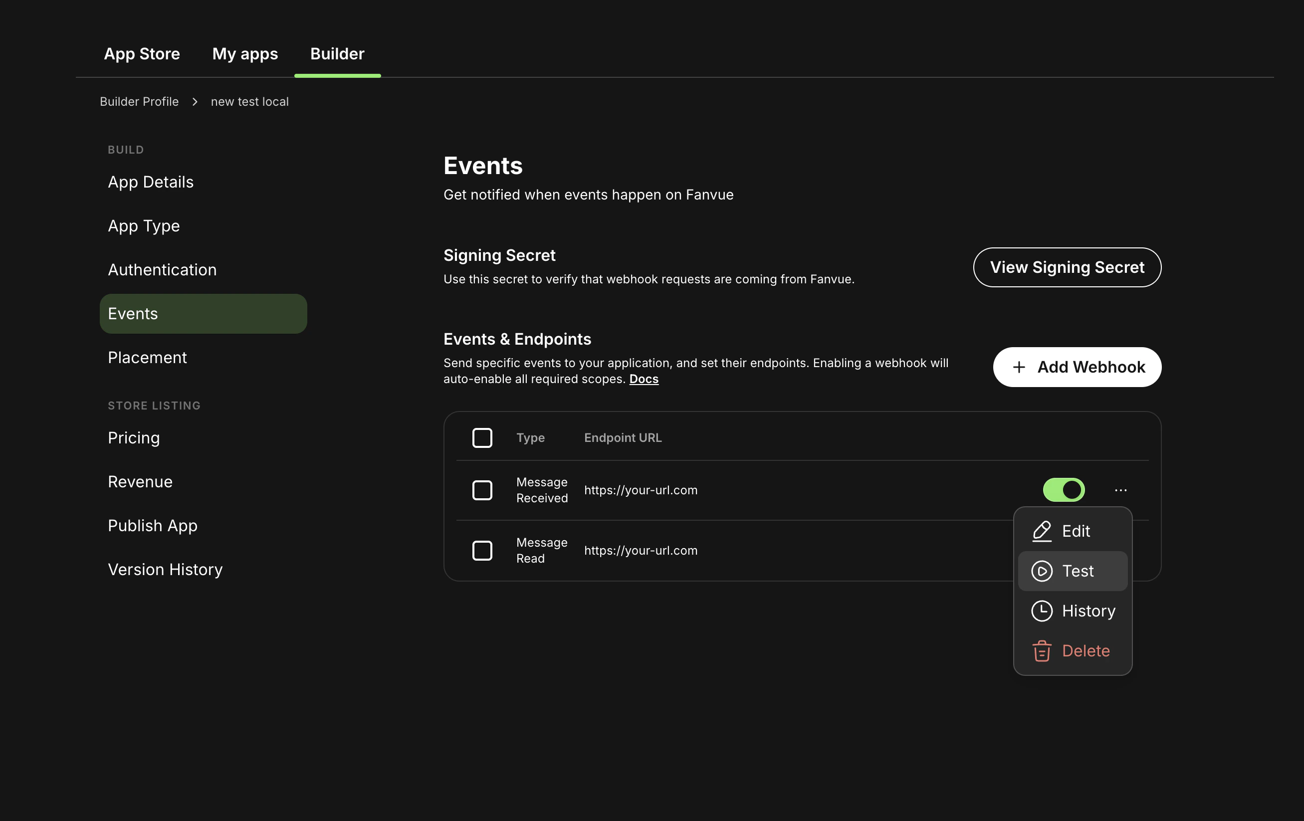 Webhook actions menu