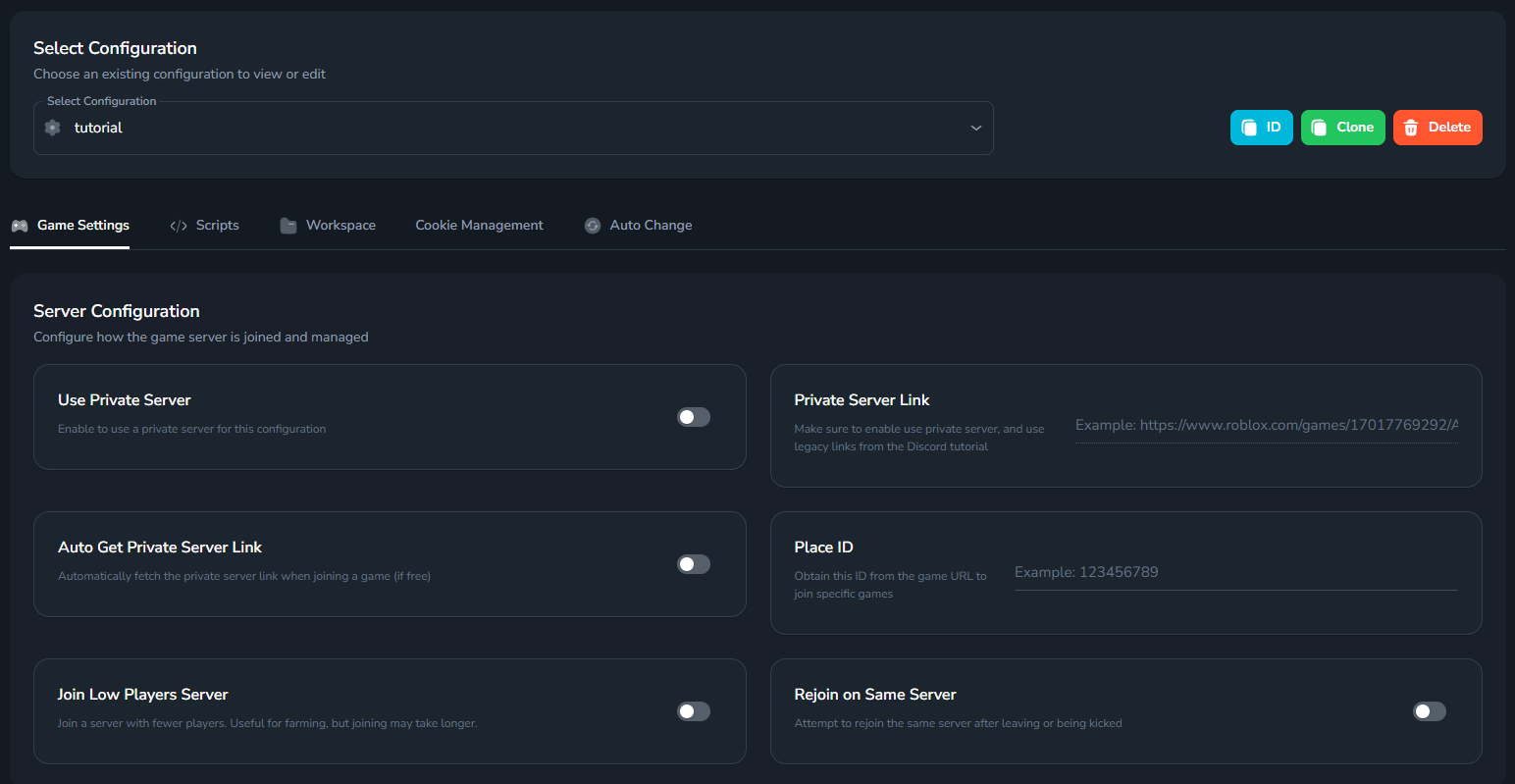 Giao diện cấu hình Config sau khi tạo