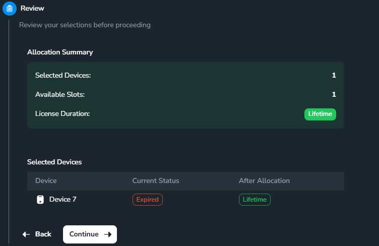 Xác nhận phân bổ Device-Based License