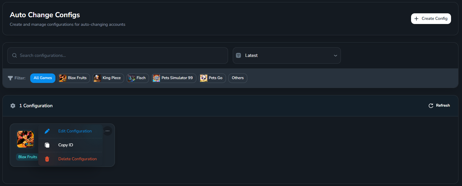 Danh sách Auto Change Configs sau khi tạo
