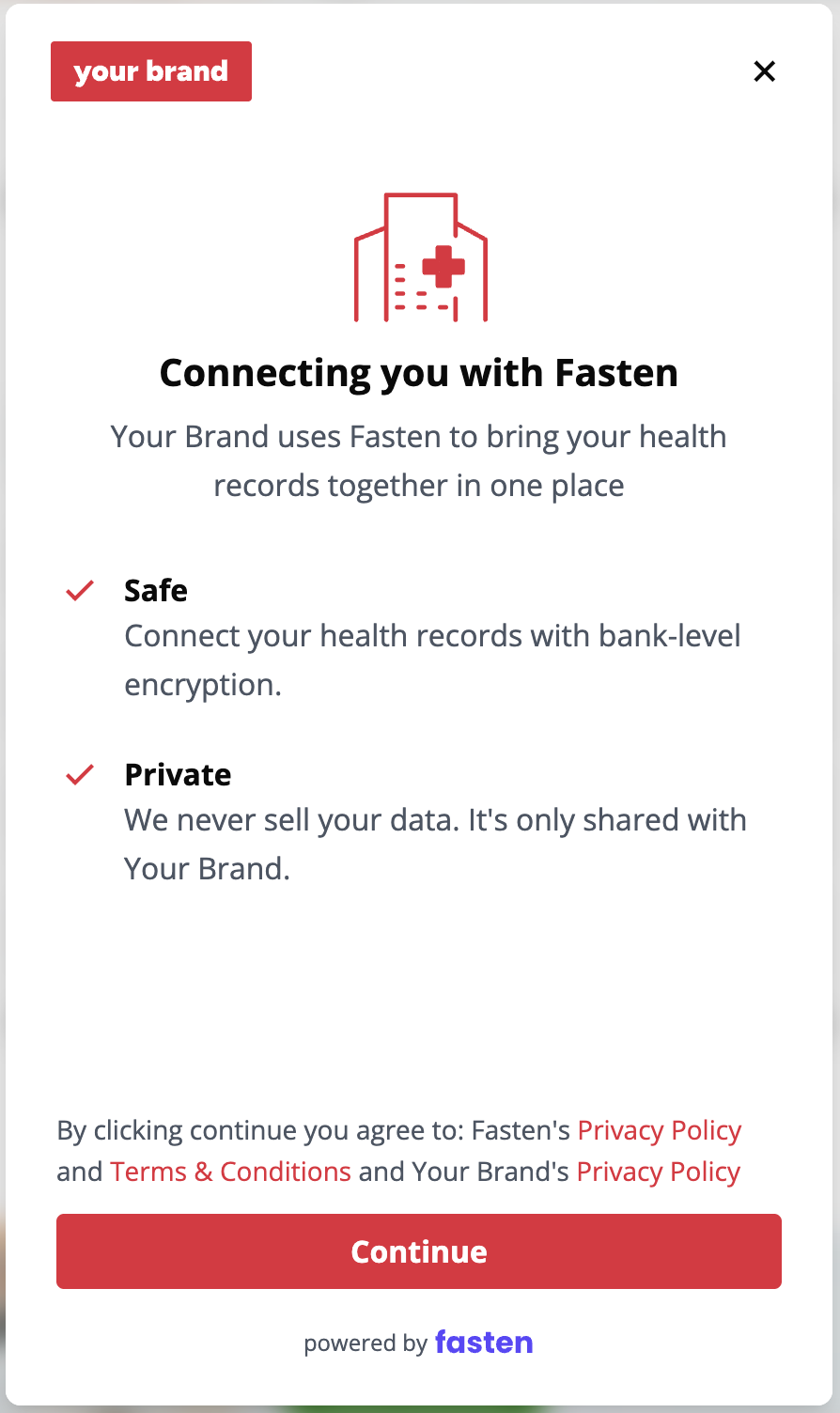Fasten widget with a custom Your Brand logo, red illustrations, links, and Continue button on a light background