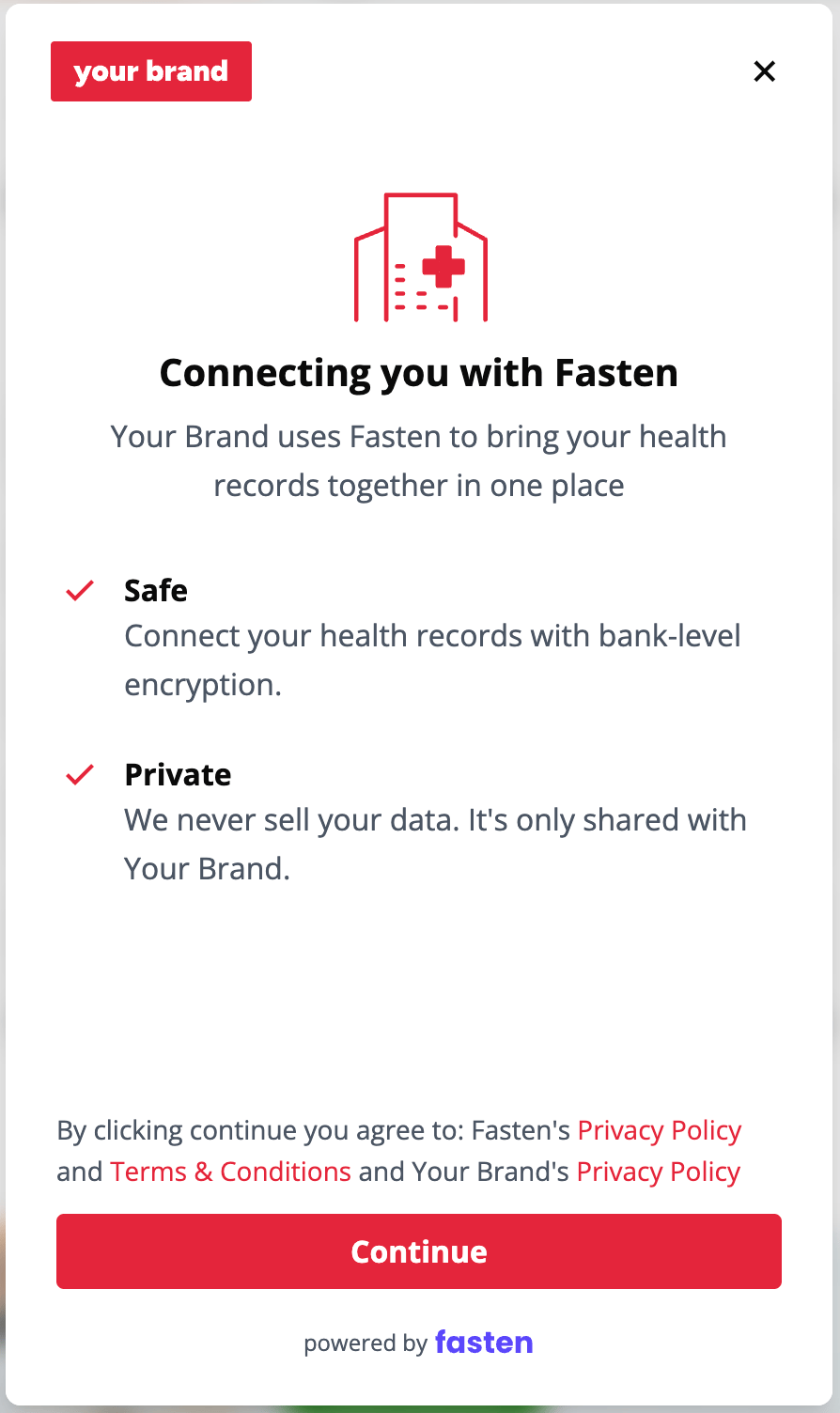 Fasten widget with a custom Your Brand logo, red illustrations, links, and Continue button on a light background