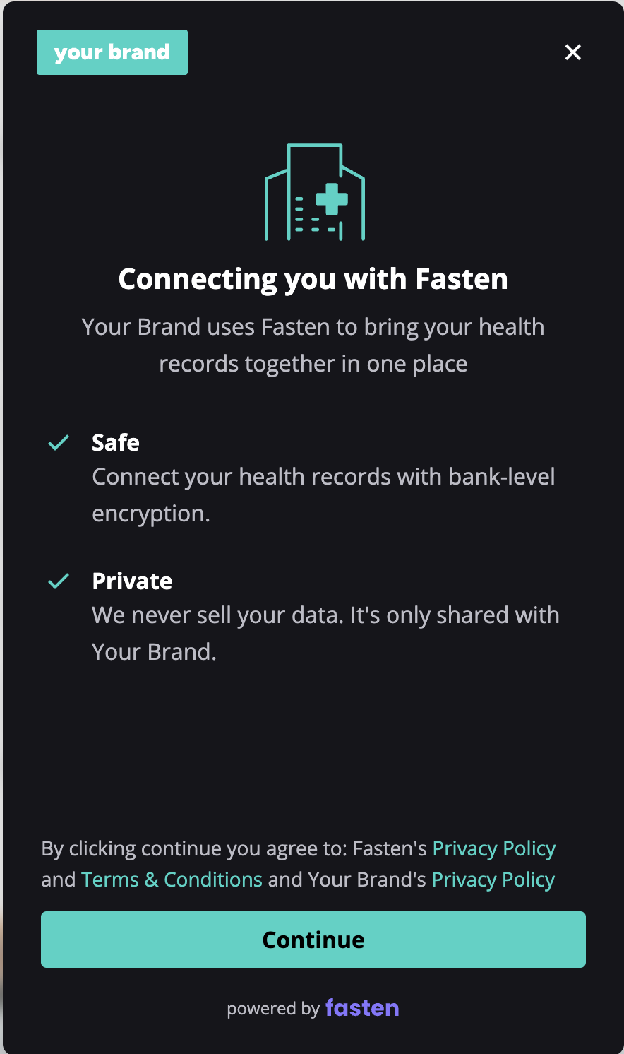 Fasten widget with a custom teal Your Brand logo, teal accents, and a dark background